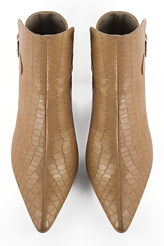 Women's camel beige elegant ankle boots, with buckles at the back. Tapered toe. High slim heel - Top view